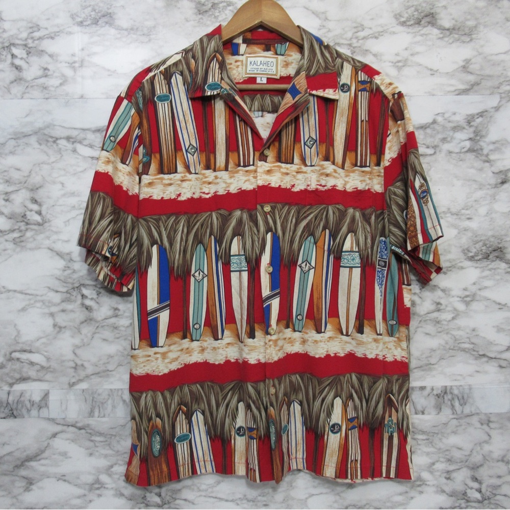 Kalaheo Vintage Surfboard Print Hawaiian Short Sleeve Button Down Shirt Size L